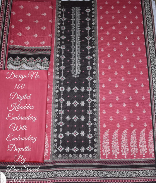 Binsaeed Embroided Shirt with Embroided Duppata 3pcs khaddar unstitched
